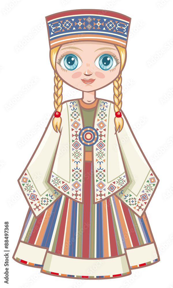 girl in the Latvian suit. Historical clothes. Linear pattern on a white background.  Line drawing festive. Vector drawing

