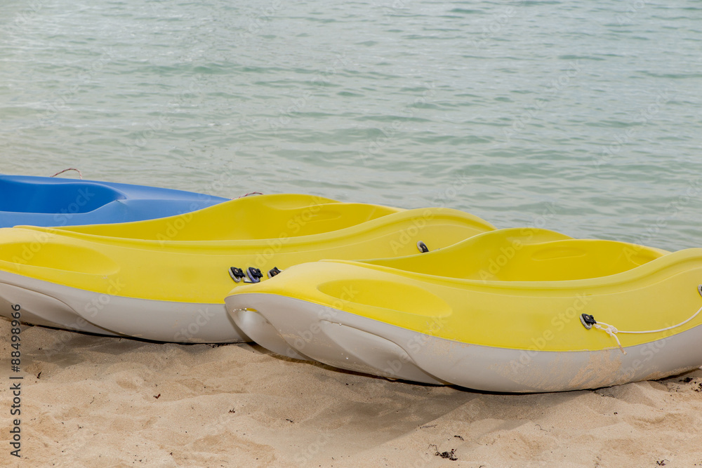 Kayaks on the beautiful sandy Caribbean beach Kayaks on the beautiful sandy Caribbean beach