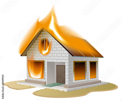 White brick house on fire. Country cottage in danger