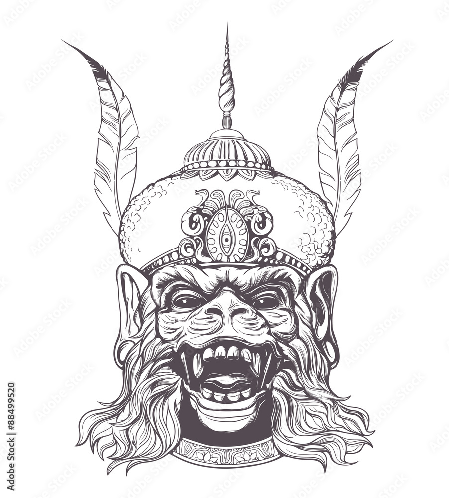 Hand drawn Indian God Hanuman with the monkey face on a white background.  Grunge print. Vintage style. Stock Vector | Adobe Stock