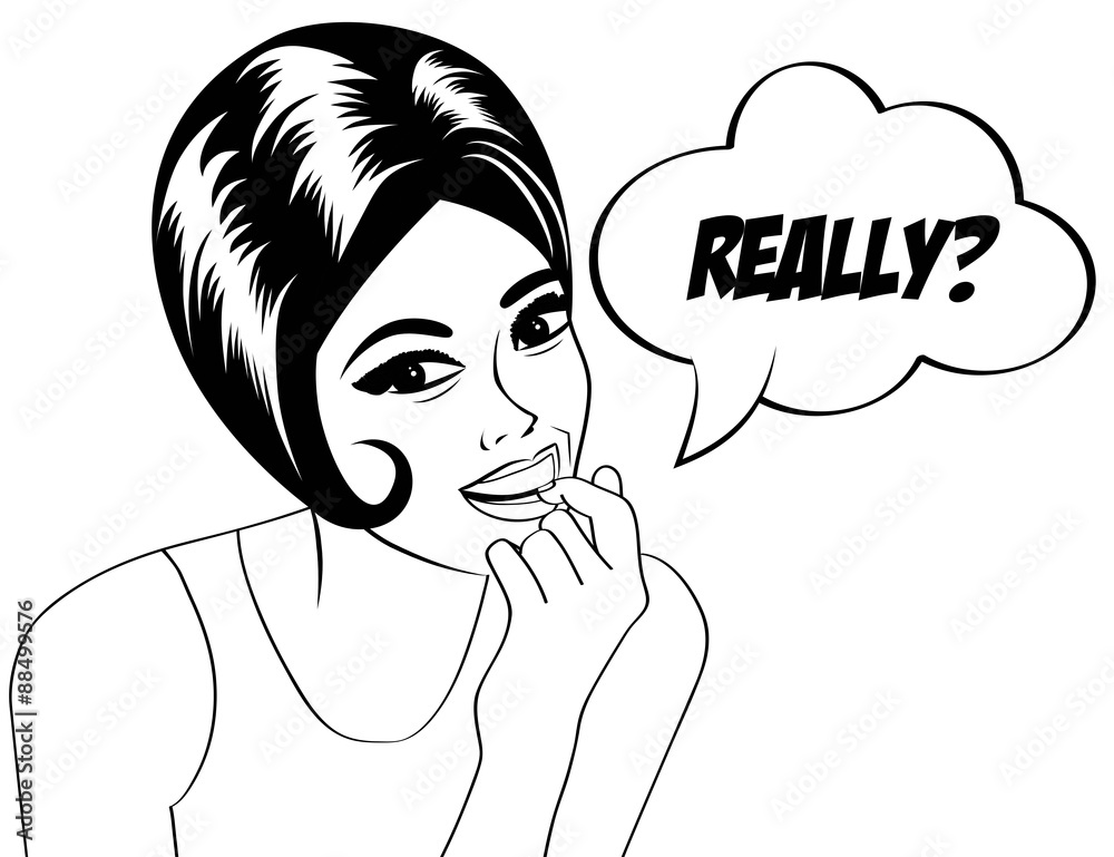 pop art cute retro woman in comics style in black and white