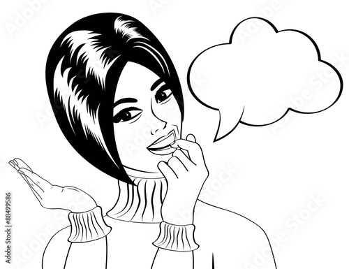 pop art cute retro woman in comics style in black and white