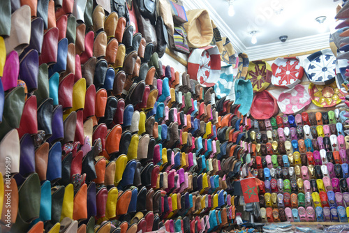 Shoes at a market in Marrakech..Arabic name babush.Morocco