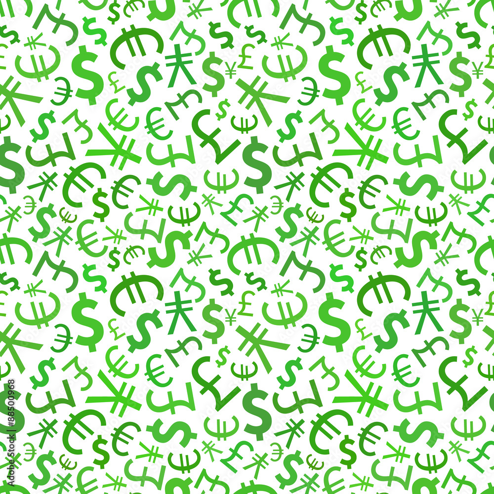 Green signs of world currencies on white, seamless pattern Green signs of world currencies on white, seamless pattern