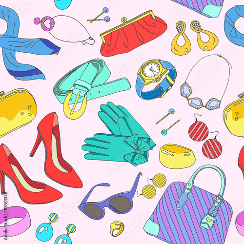 Seamless pattern of woman accessories.Vector Illustration.