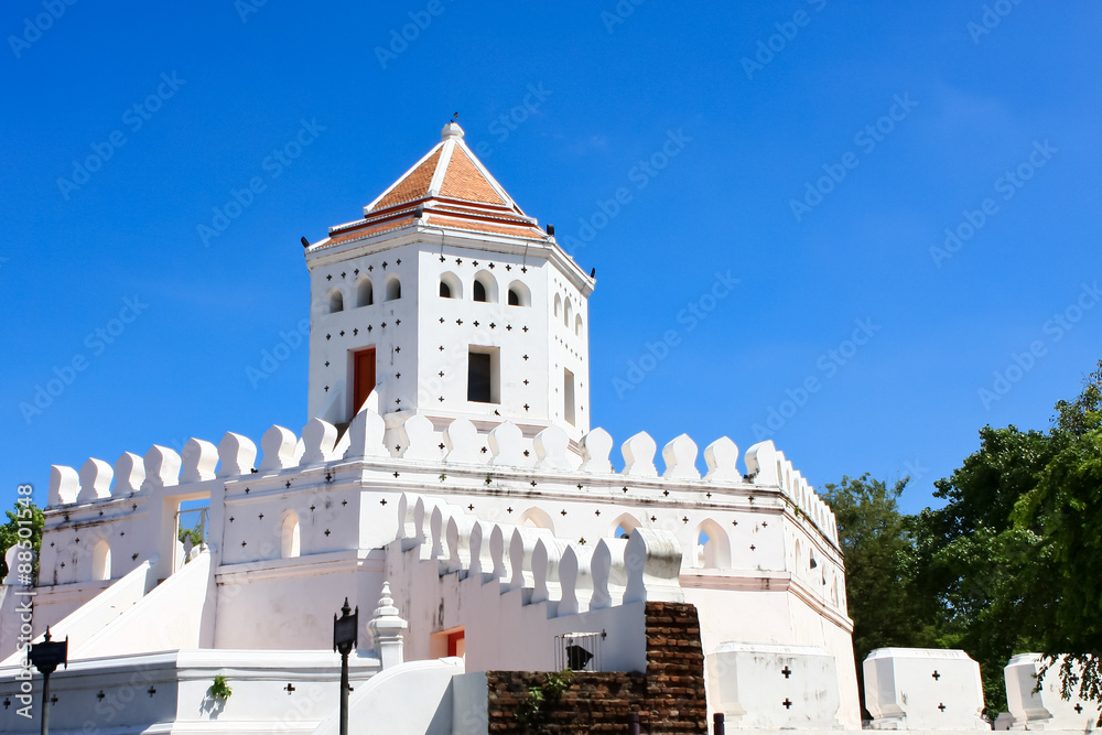 beautiful Phra Sumen white Fort with blue sky in Bangkok, Thailand