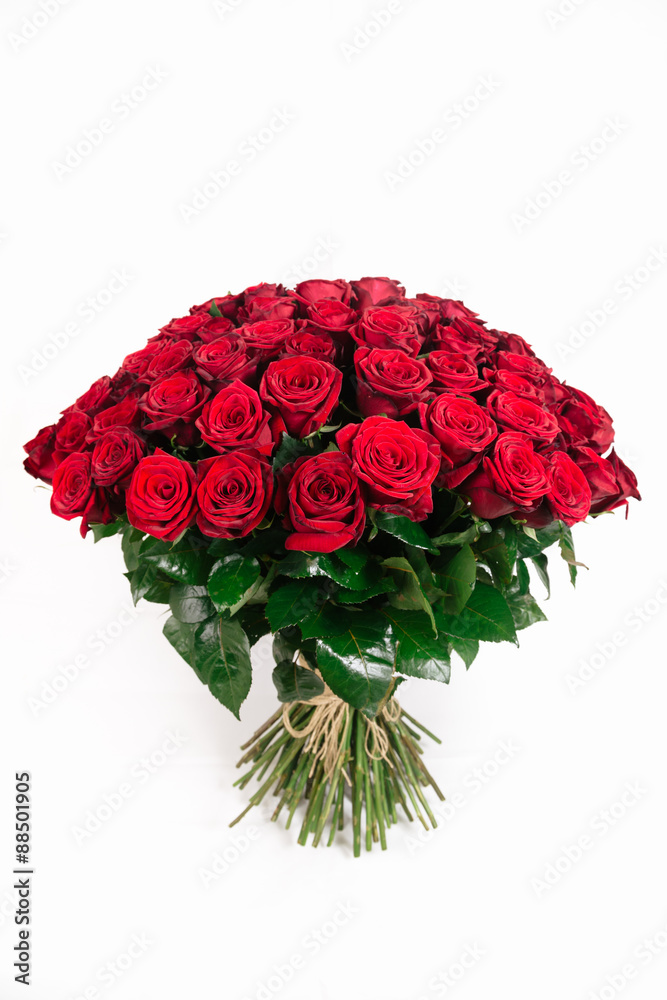 Isolated large bouquet of 101 red rose isolated on white, vertic - obrazy, fototapety, plakaty 