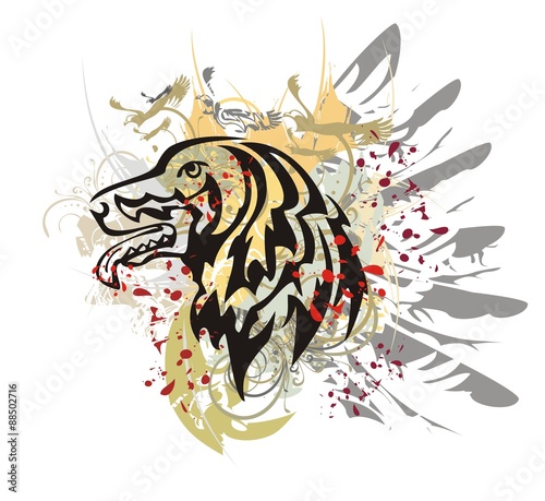 Dog splashes. Obedient tribal irish setter with staring look in grunge style