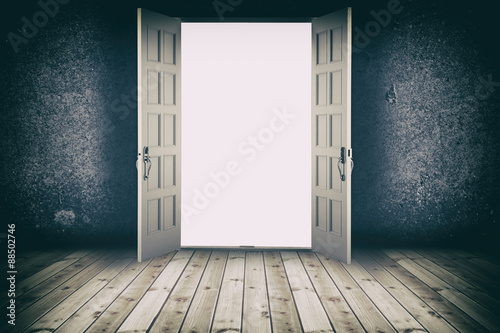 Opened door. Abstract interior backgrounds with wooden floor and