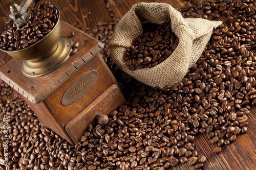 Coffee beans and coffee grinder