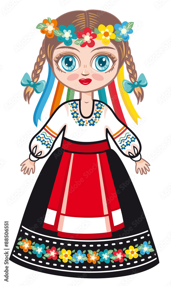Doll in a national Ukrainian suit.  Historical clothes. Linear pattern on a white background.  Line drawing festive. Vector drawing