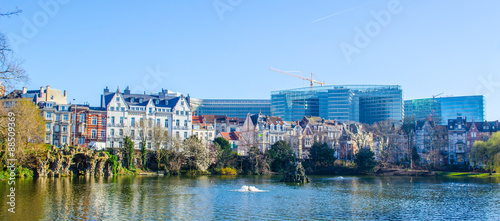 View over the artificial lake with fountain in front of the european commission building in brussels. photo
