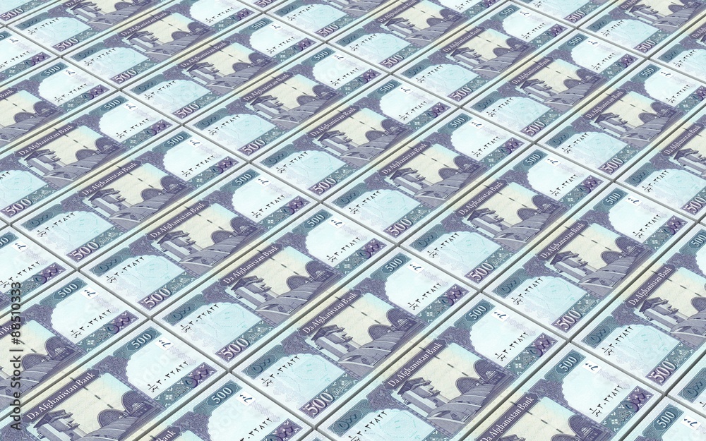 Afghan afghani bills stacks background.