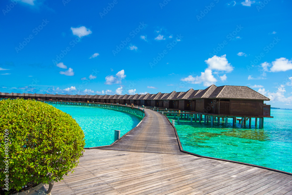 Beautiful tropical view of water villas on perfect ideal island
