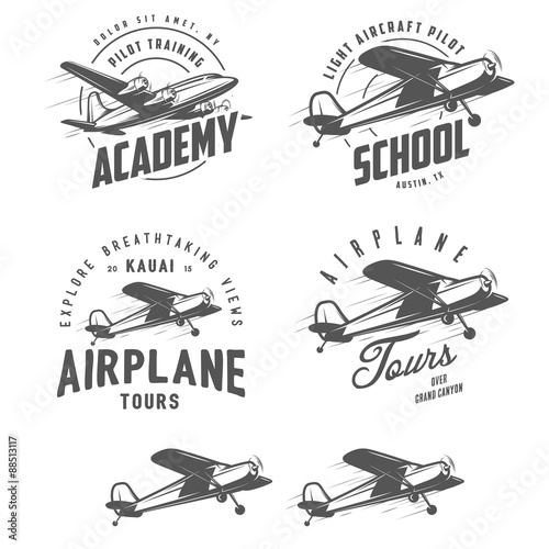 Light airplane related emblems, labels and design elements