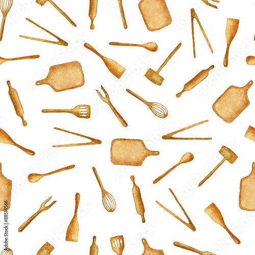 Vector watercolor hand draw kitchen utensils seamless pattern 
