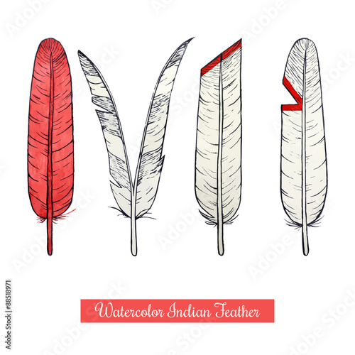 Collection of watercolor hand draw native american war feathers