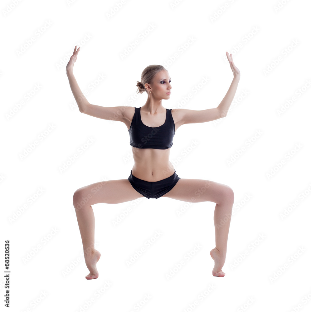 Graceful ballet dancer training, isolated on white