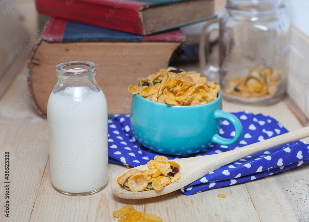 Cornflakes Caramel with milk. Selective focus, shallow DOF 