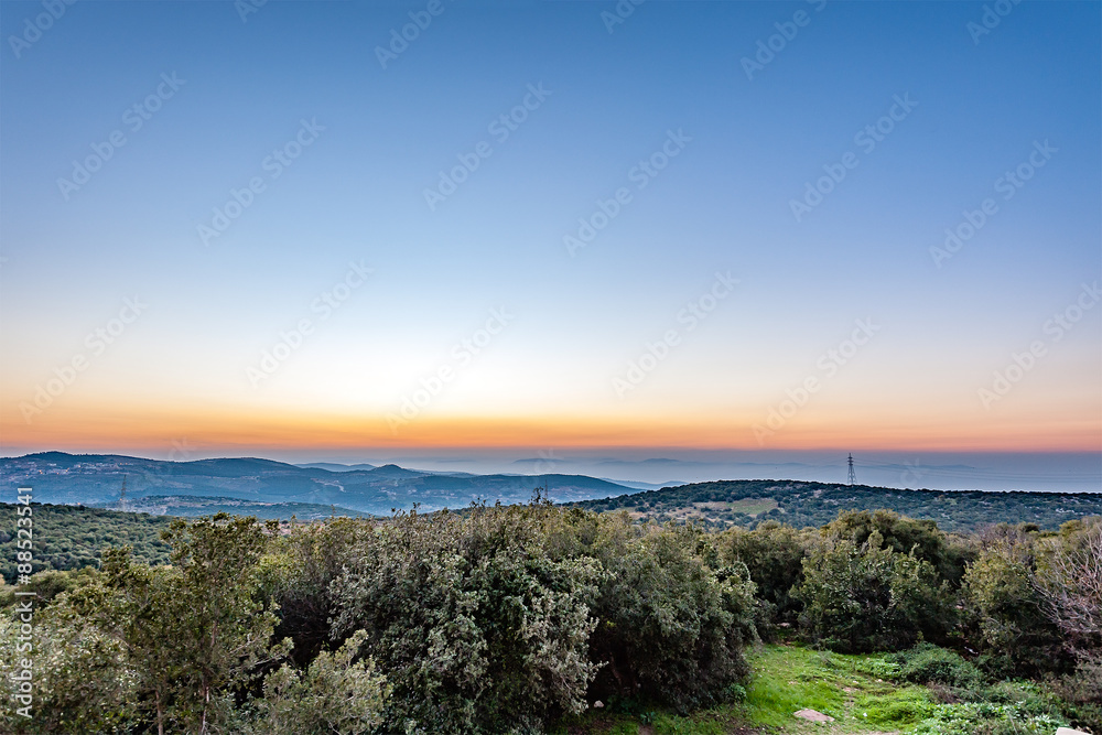 Twilight in Ajloun, Jordan, about 76 km north west of Amman, with Israel visible.
