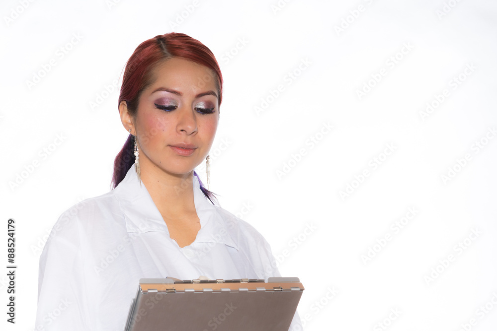 Female Wearing Lab Coat While Holding Clipboard Female Wearing Lab Coat While Holding Clipboard