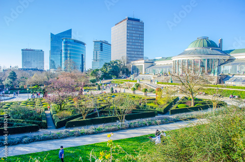 The Jardin Botanique and modern skyscrapers in Brussels, Belgium