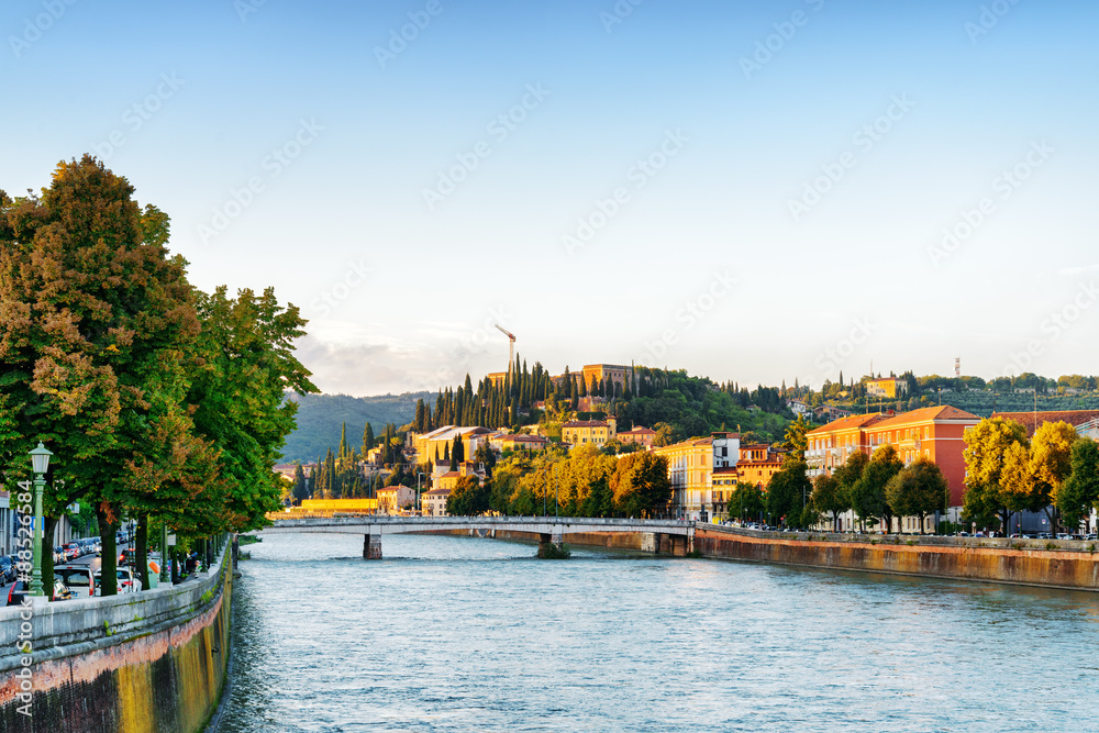 View of the Ponte Nuovo over the Adige River in Verona, Italy