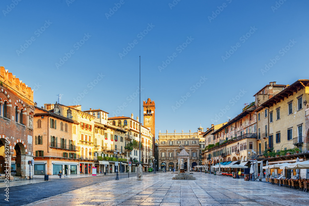 View of Piazza delle Erbe in Verona (Italy) in morning