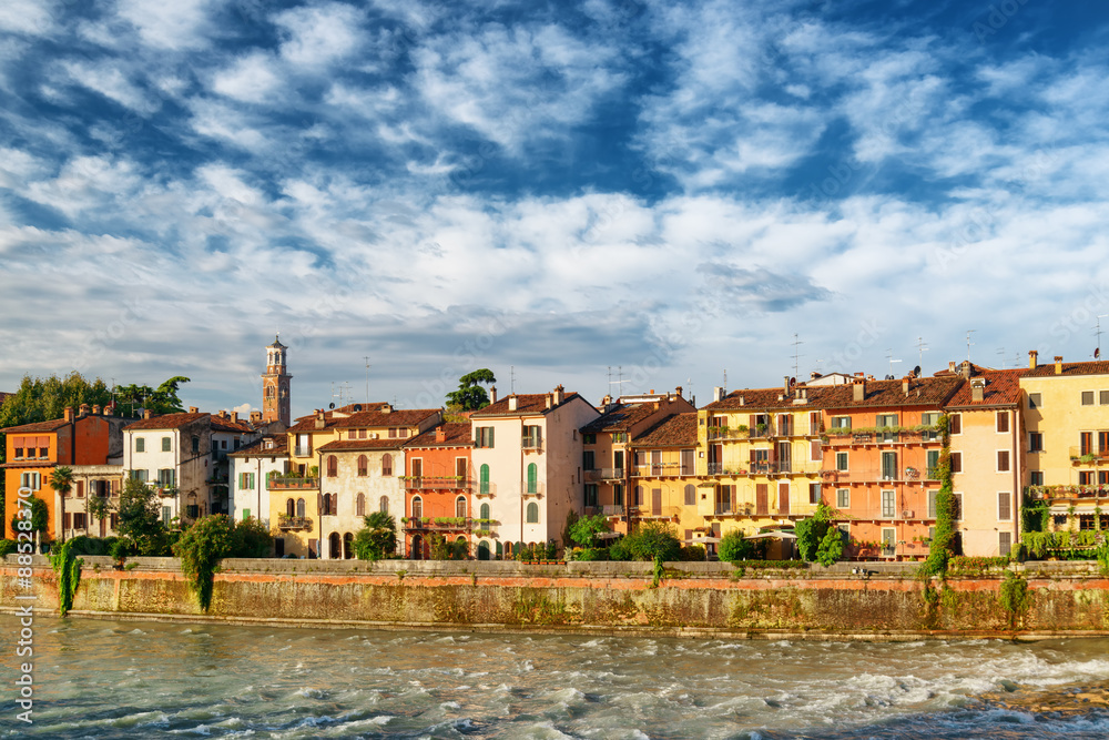Old houses on waterfront of the Adige River, Verona, Italy
