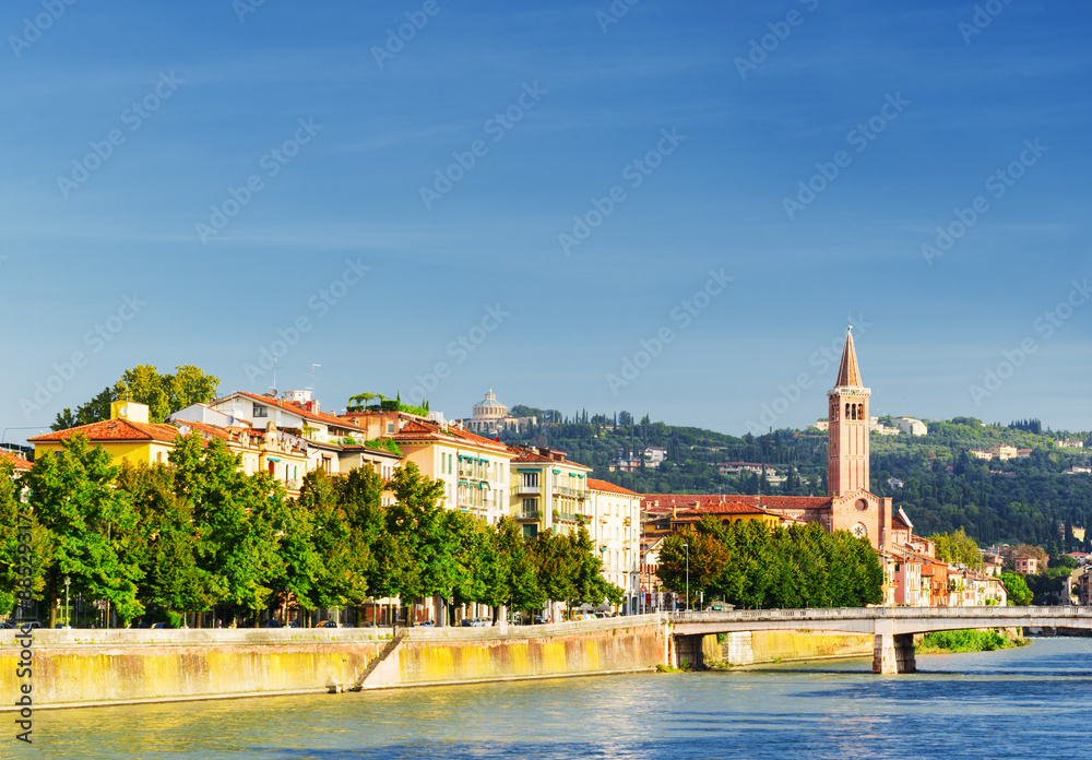 Beautiful view of waterfront of the Adige River in Verona, Italy