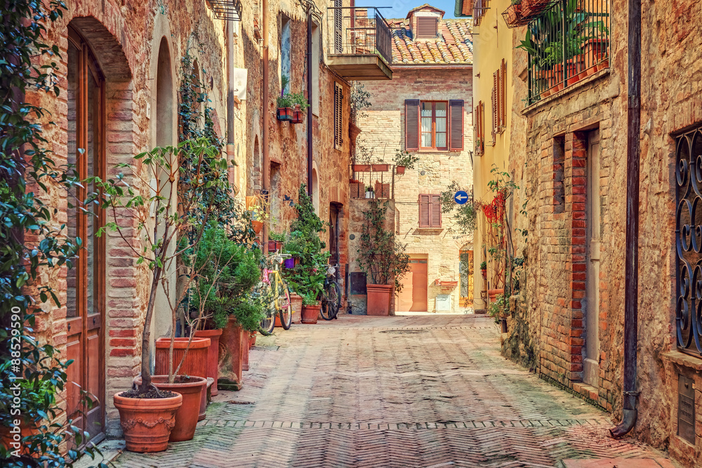 Alley in old town Tuscany Italy - obrazy, fototapety, plakaty 
