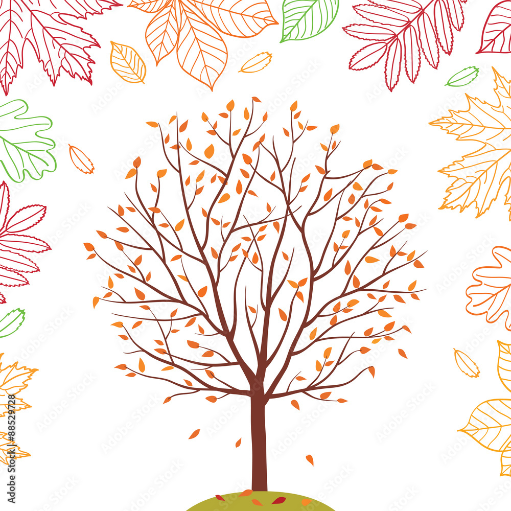 Autumn tree. Fall of the leaves. Autumn background. Sketch, design elements. Vector illustration.