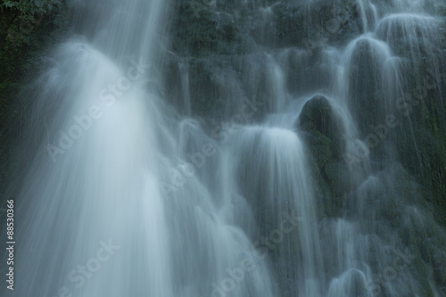 water curtain with dark moss in the background