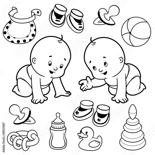 Two toddler in diapers with baby items