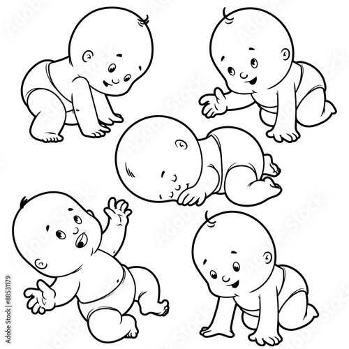 Baby toddler set with babies in diapers, crawling baby, sleeping baby and happy baby