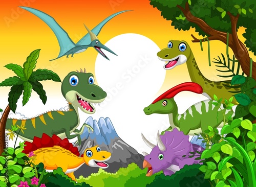 Dinosaur cartoon with landscape mount backgroun for you design