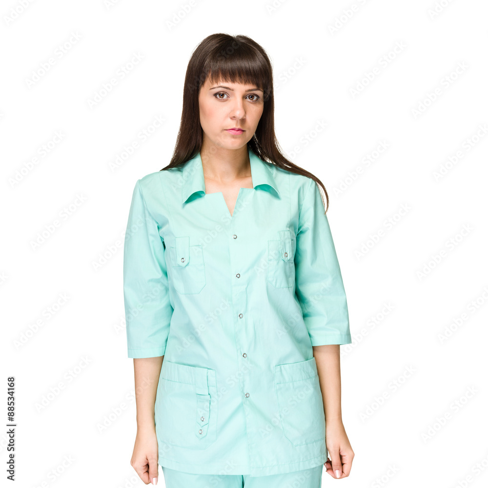 Smiling medical woman doctor. Isolated over white Smiling medical woman doctor. Isolated over white