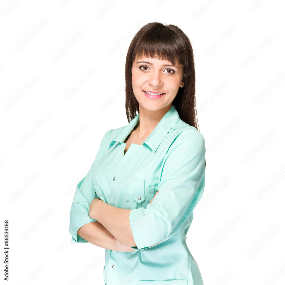 Smiling medical woman doctor. Isolated over white Smiling medical woman doctor. Isolated over white