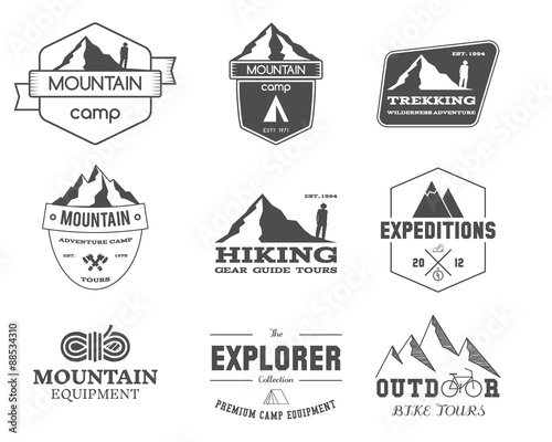Set of monochrome outdoor adventure explorer camp badge, logo