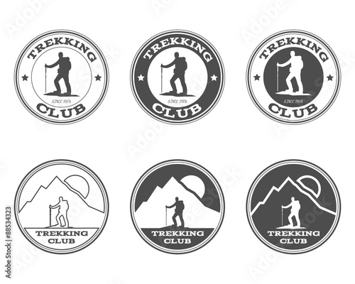 Set of monochrome outdoor adventure explorer camp badge, logo