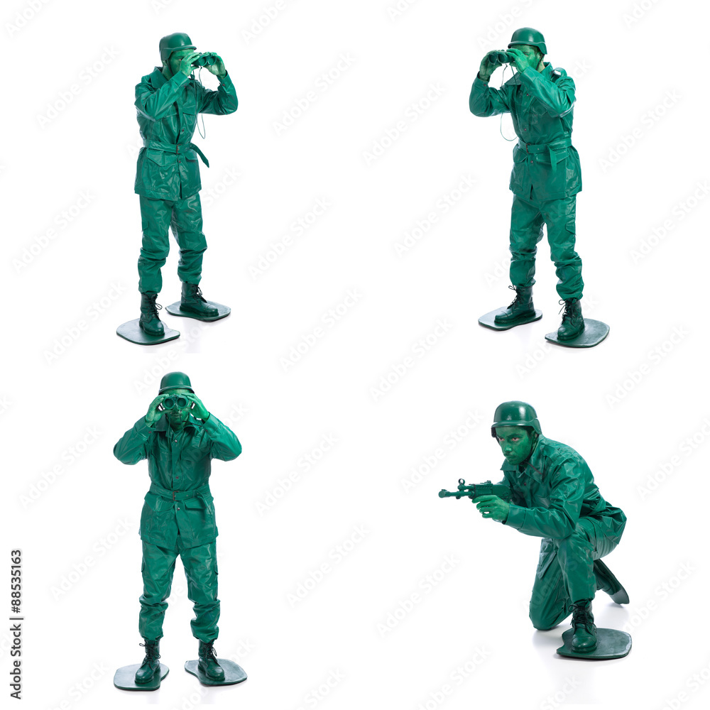 Fototapeta premium Four man on a green toy soldier costume