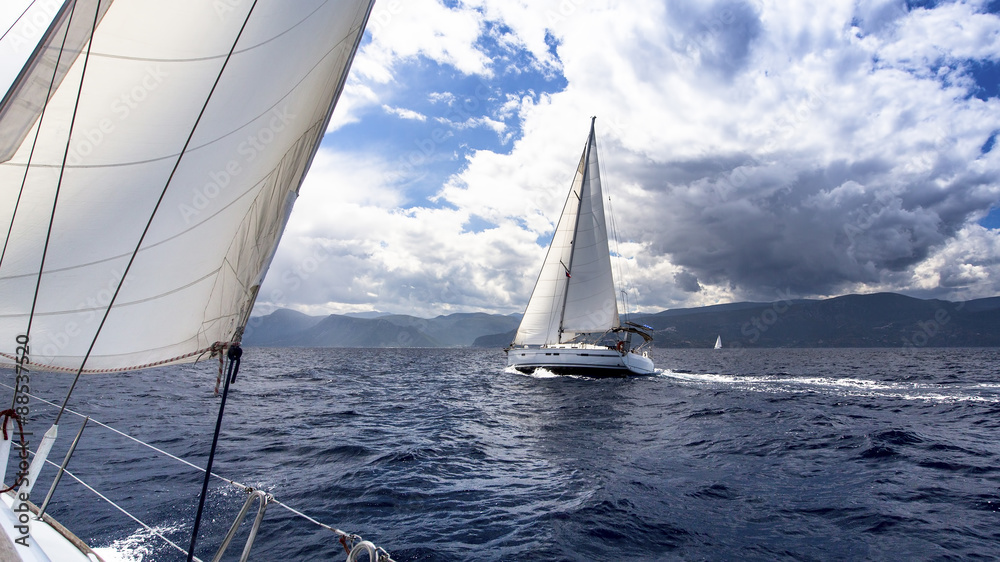 Naklejka premium Sailing on the race in a stormy Aegean Sea.