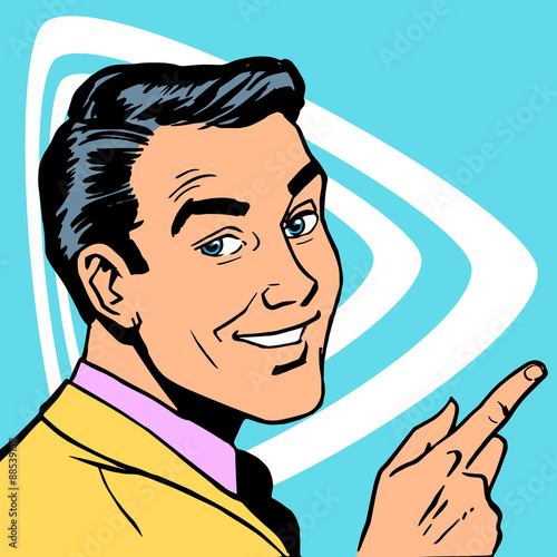 man shows the direction of your finger and smiles