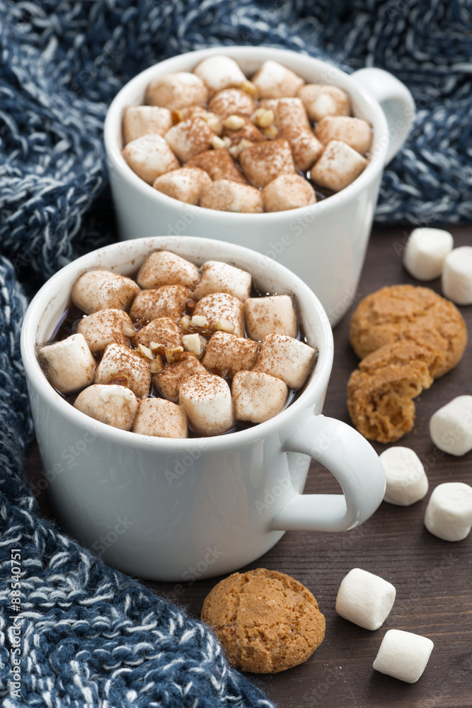 Two cups of cocoa with marshmallows, vertical Two cups of cocoa with marshmallows, vertical