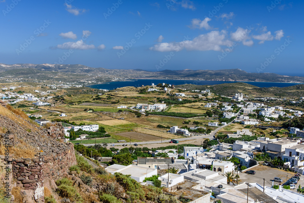 The view from the high hill, Plaka village, Milos island, Cyclades, Greece.