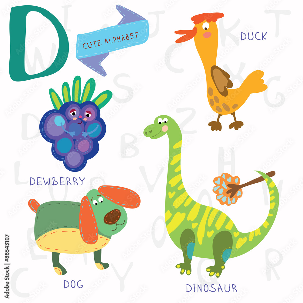 Naklejka premium Very cute alphabet.D letter. Dewberry,duck,dog,d inosaur.
