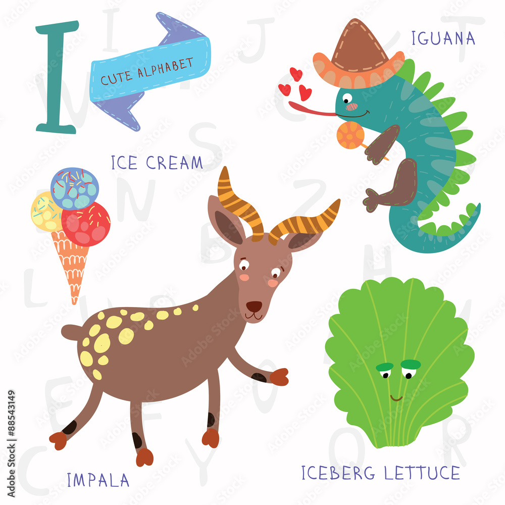 Very cute alphabet.I letter. Iceberg lettuce, iguana, ice cream,