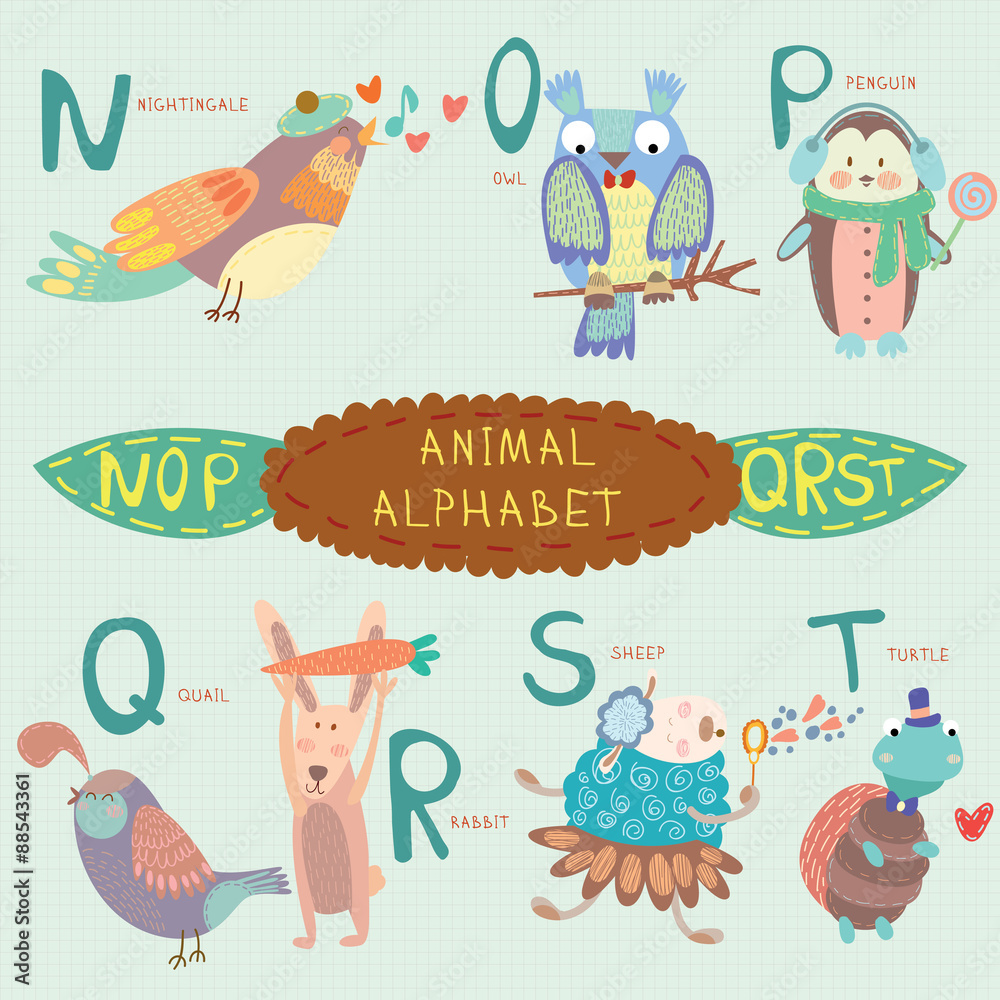 Very cute alphabet. N, o, p, q, r, s, t letters. Nightingale, ow - obrazy, fototapety, plakaty 