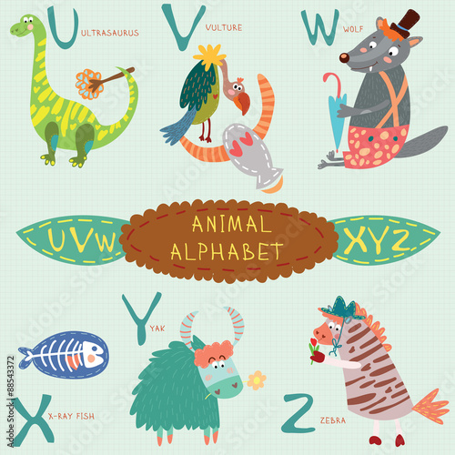 Very cute alphabet.U, v, w, x, y, z letters. Ultrasaurus, vultur