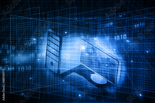 Plakat Desktop Computer on abstract tech background.